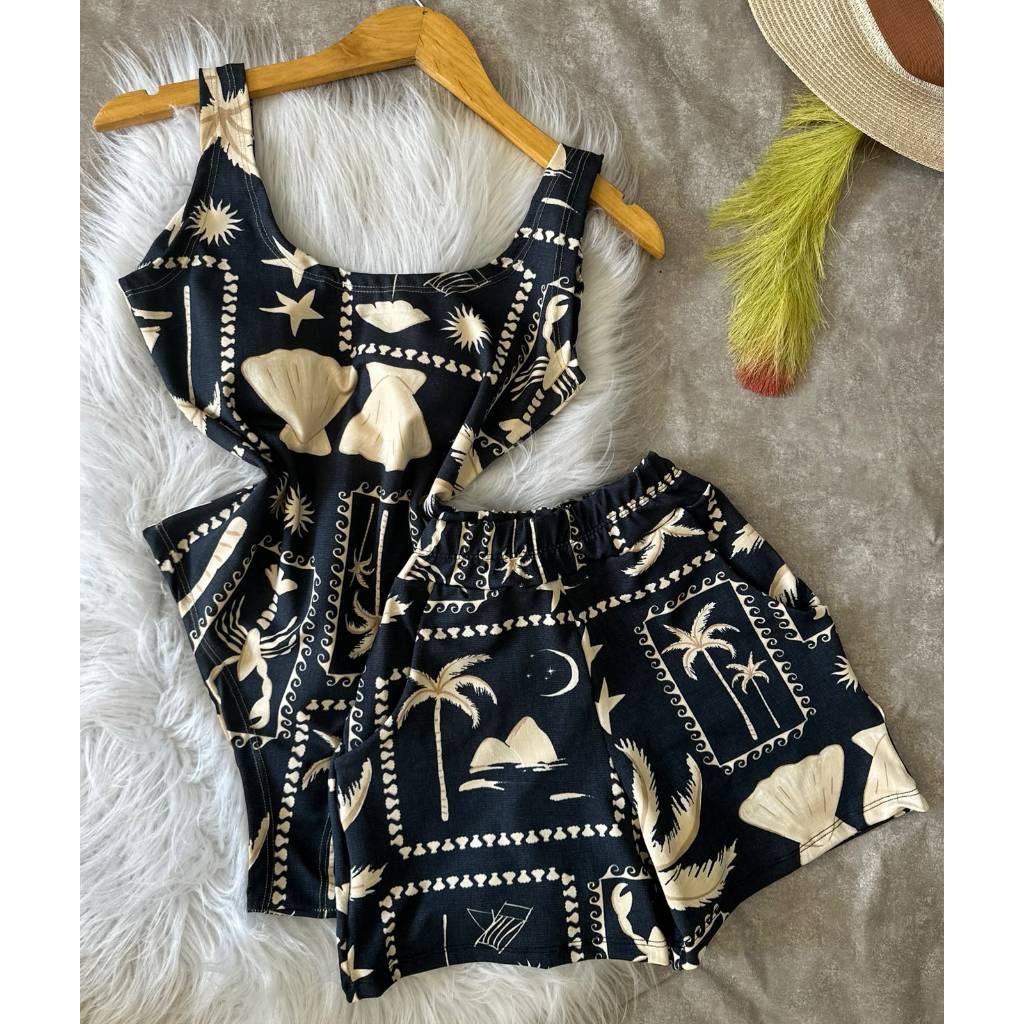Conjunto Body Maio Suplex Feminino Estampado Short Cintura Alta Verão Tendência Moda Blogueira Bory