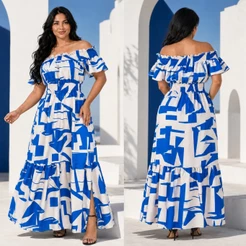 Vestido Longo Feminino Estampado Ombro a Ombro Verão Elegante Igreja Dia a Dia Lastek