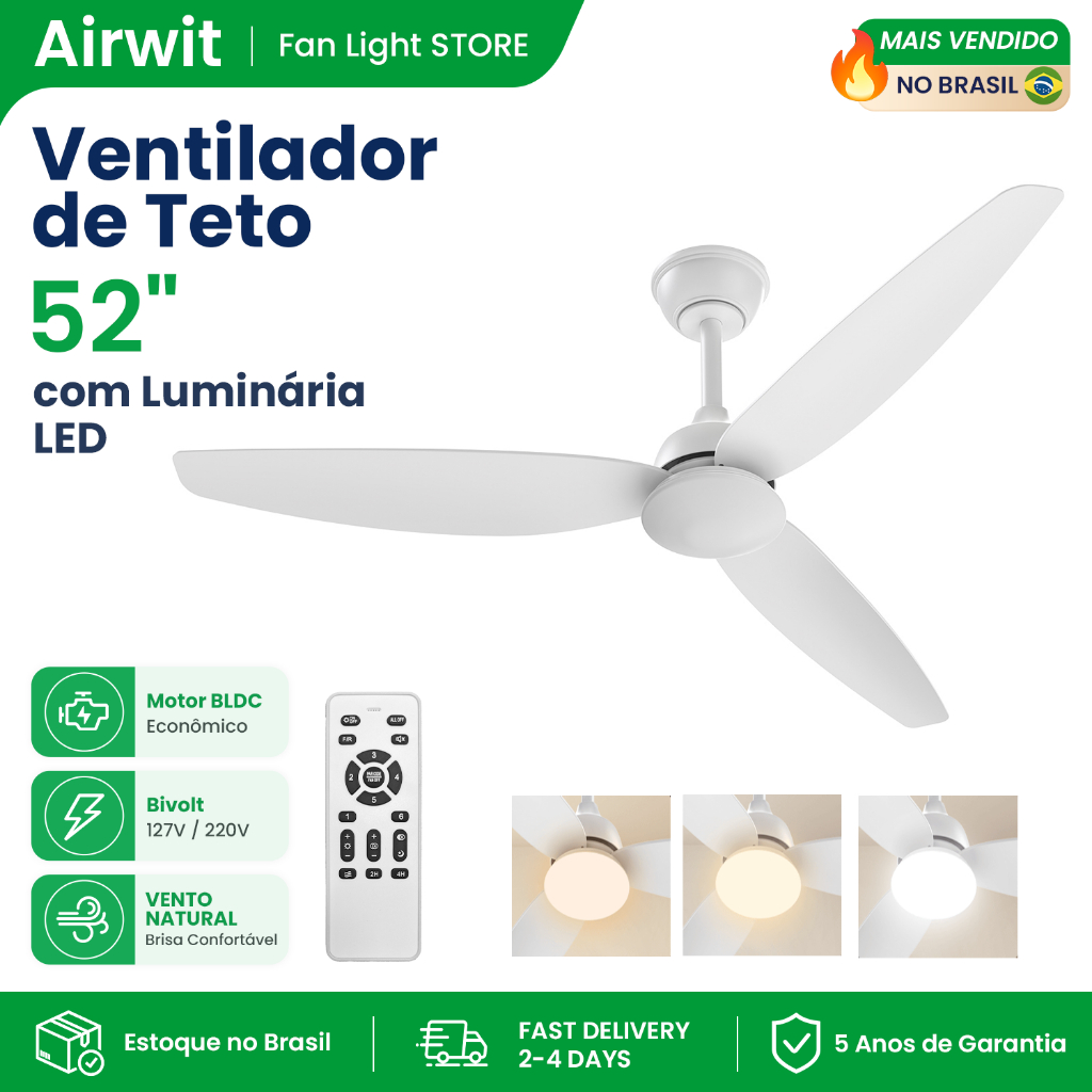 Airwit 52 Inch 3 Pás Ventilador de Teto com Luminária LED Motor BLDC Silencioso Econômico Com Controle Remoto