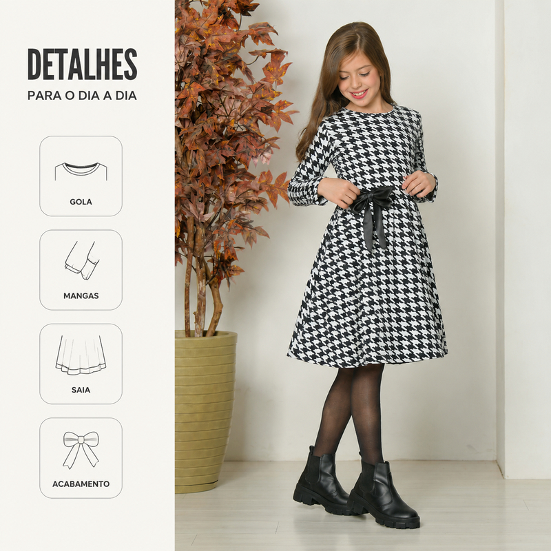 Vestido Com Estampa Pied De Poule De Laço Frontal Para Meninas Jovens