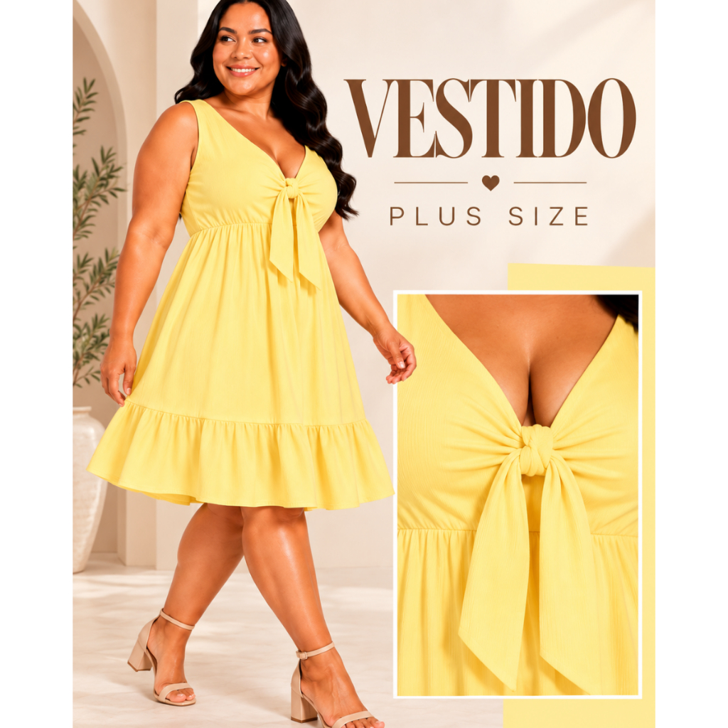 Vestido Plus Size de Alça Soltinho Vestidinho Verão Fresquinho  com Decote