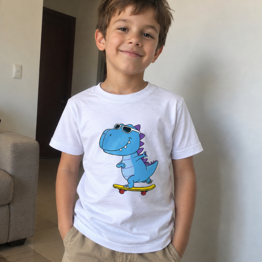 Camiseta Infantil Masculina Dinossauro Skate Blusa Infantil Estampada Roupa Criança Menino Confortável Algodão