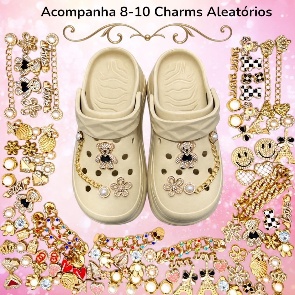 Sandália Babuche Feminina EVA com Apliques Decorativos BR 35-40 — Solado Grosso de 5 cm, Leve e Confortável
