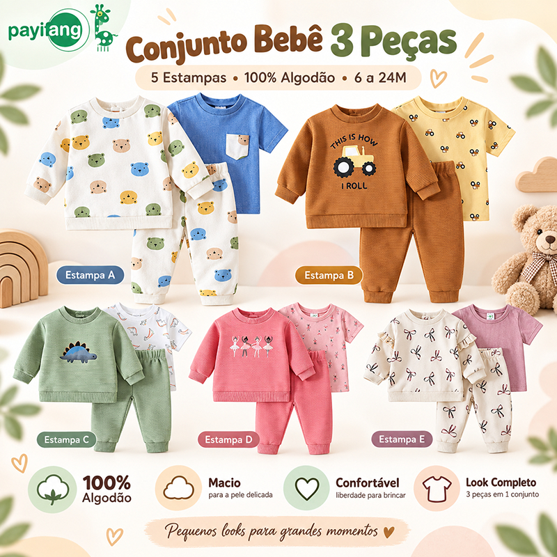 Conjunto Infantil Menino Menina 3 Peças 100% Algodão Moletom Camiseta Calça Roupa de Bebê 6 a 24M