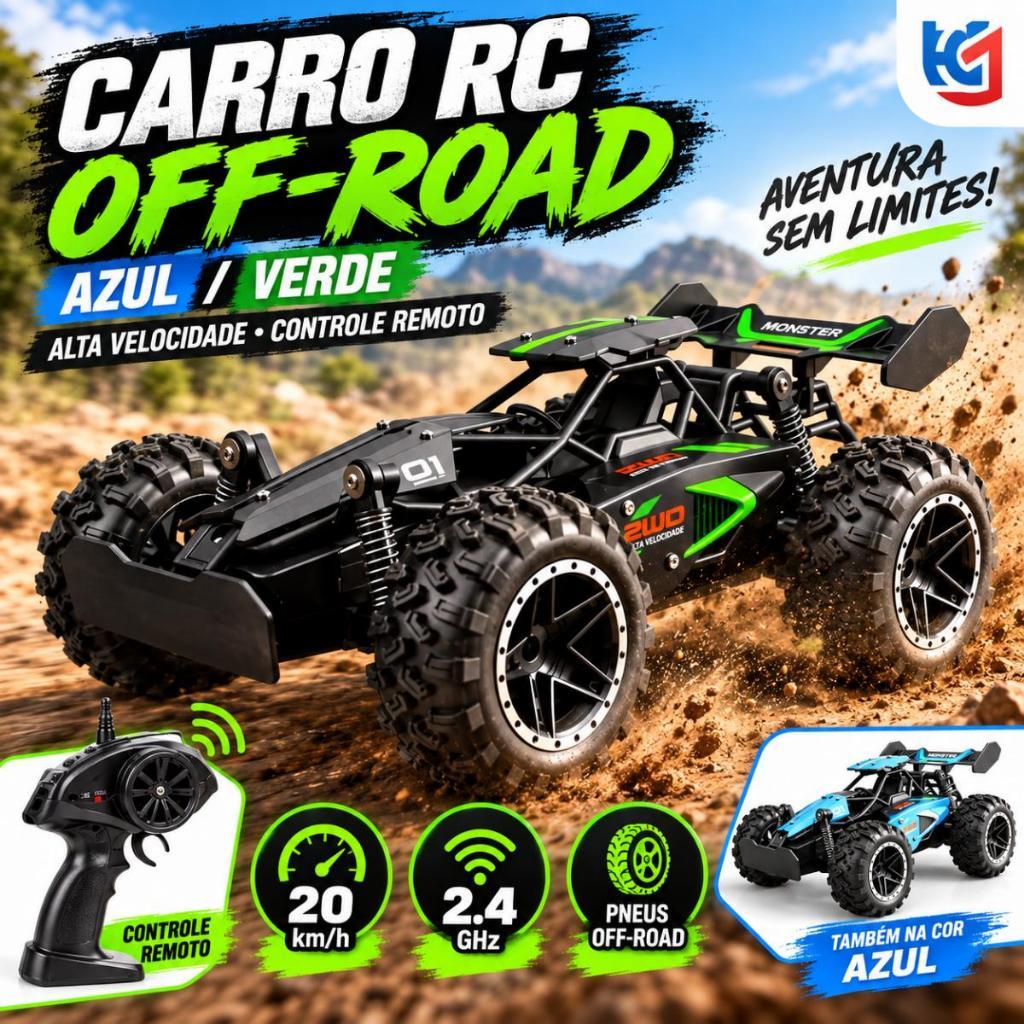 Carrinho Controle Remoto Off Road 20km/h 2.4G Recarregável com Suspensão e Pneus Grandes Brinquedo Presente Infantil
