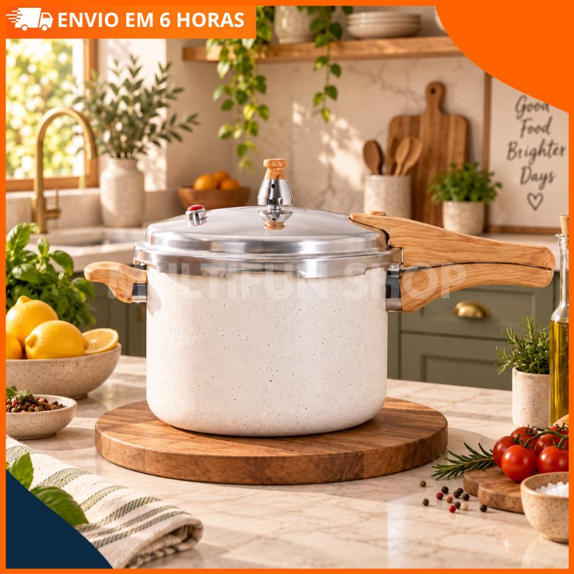 Panela de Pressão Brinox Mundiart 4,2L Cerâmica Antiaderente Fundo Indução Alumínio Bege Cabo Amadeirado para Cozinha