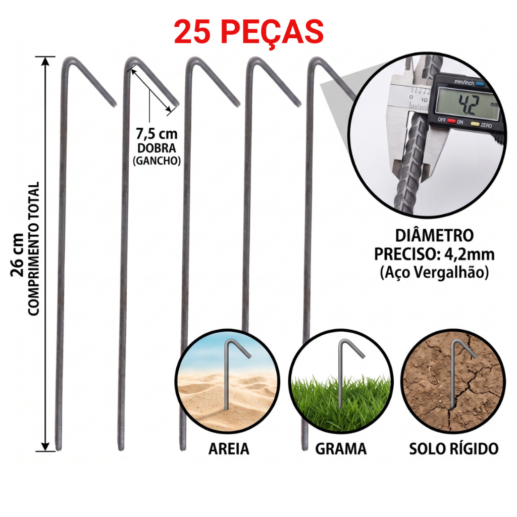 ESTACAS PARA BARRACA DE CAMPING GAZEBO BEACH TENIS FERRINHO - KIT COM 25 UNIDADES