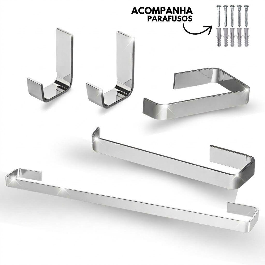 Kit Acessórios Para Banheiro 5 Peças Inox Completo Quadrado Cromado Premium
