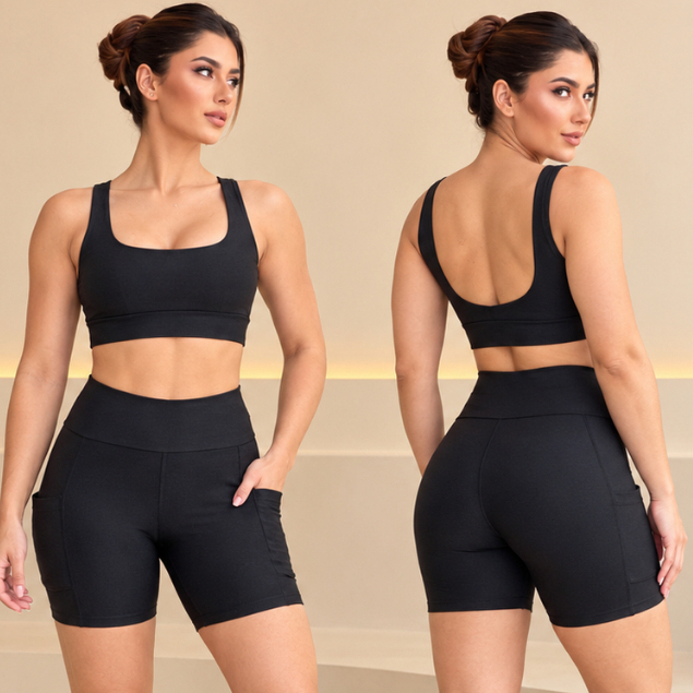 Conjunto Fitness Feminino Short com Bolso Cintura Alta Academia Suplex Não Fica Transparente