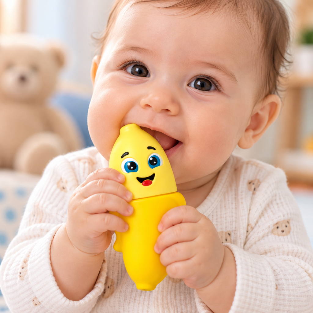 Mordedor Chocalho Banana Bebe Vinil Atóxico Livre Ftalato Massageador Gengiva Sensorial Dentição 1 a 12 Meses INMETRO