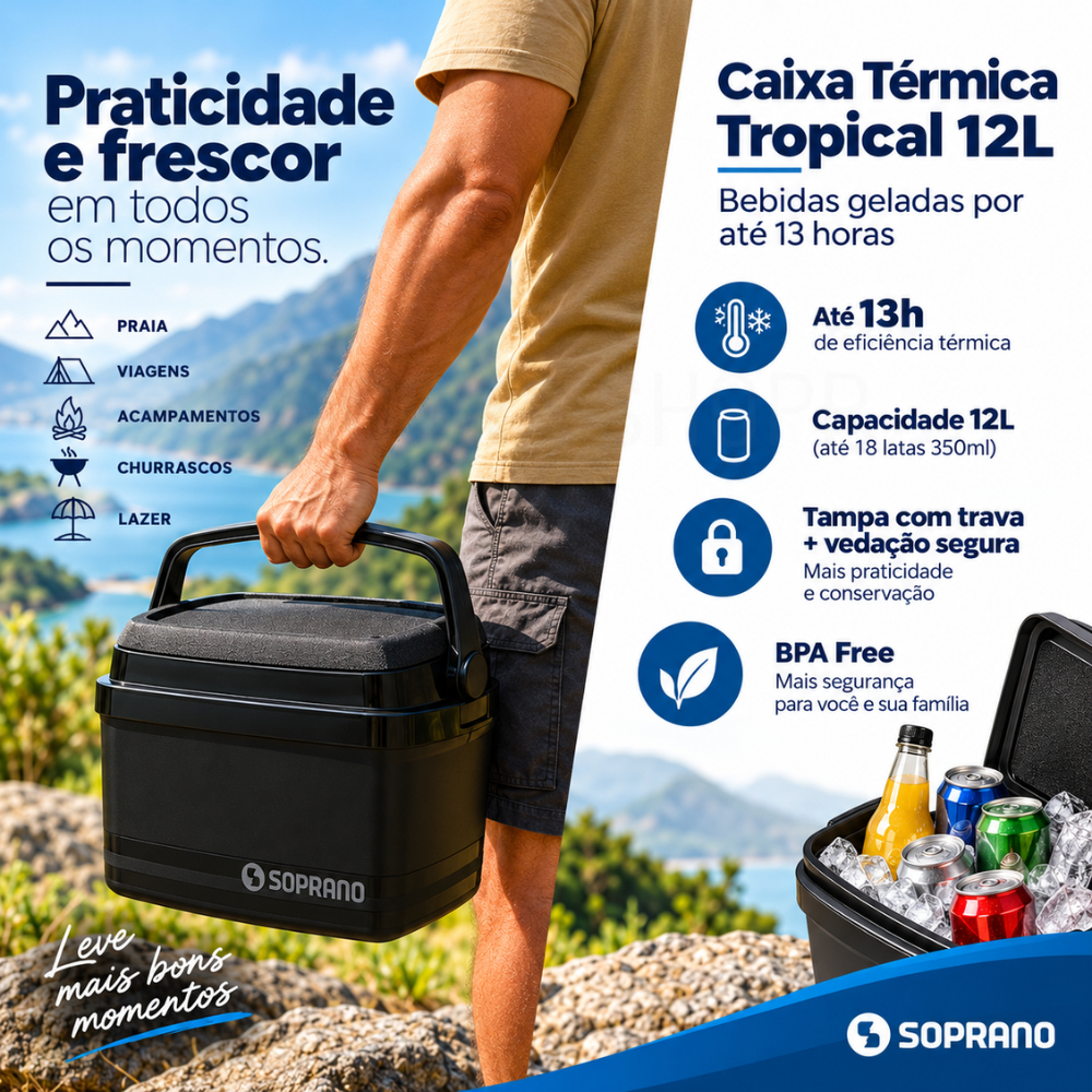 Caixa Térmica Cooler Soprano 12L com Alça Tampa Porta Latas Bebidas Praia Camping Alimentos e Sorvetes Preta 12 Litros · foto 2