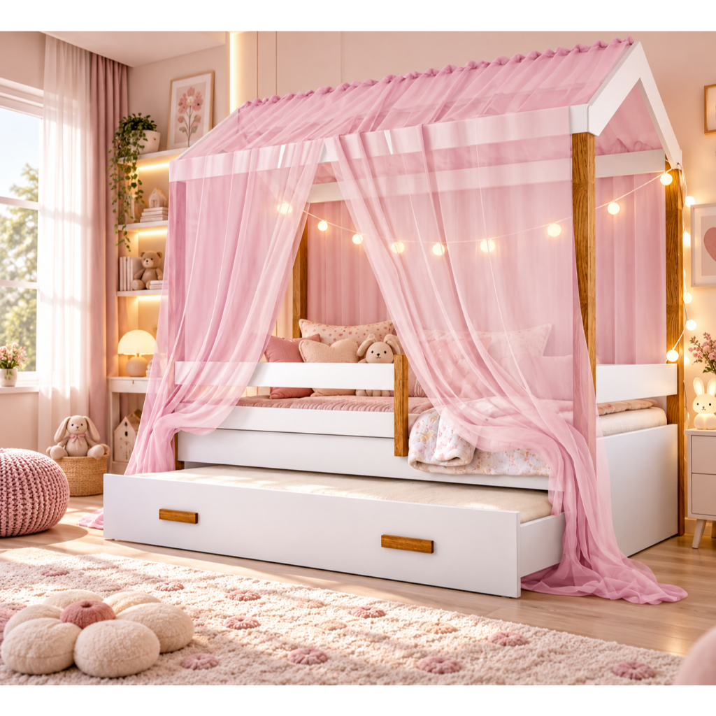 Bicama Montessori Exclusiv Solteiro Fio de Luz e Voal Rosa