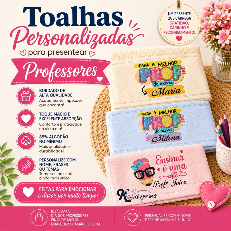 Kit com 1, 2 ou 4 Toalhas de Mão/Lavabo com Bordado Personalizado Dia dos Professores - Presente Especial Frase e Nome