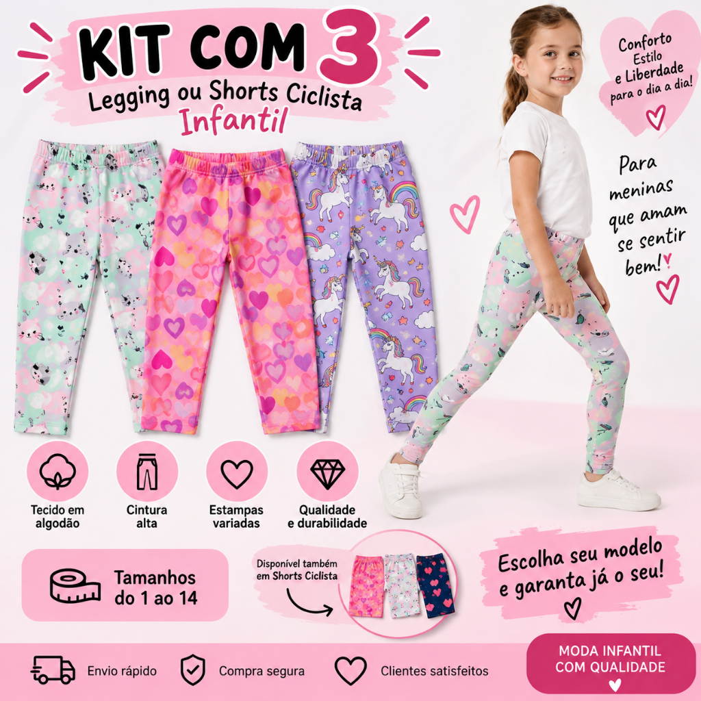 Kit 3 Calças Legging ou Shorts Ciclista Infantil Menina Estampado Algodão Cintura Alta