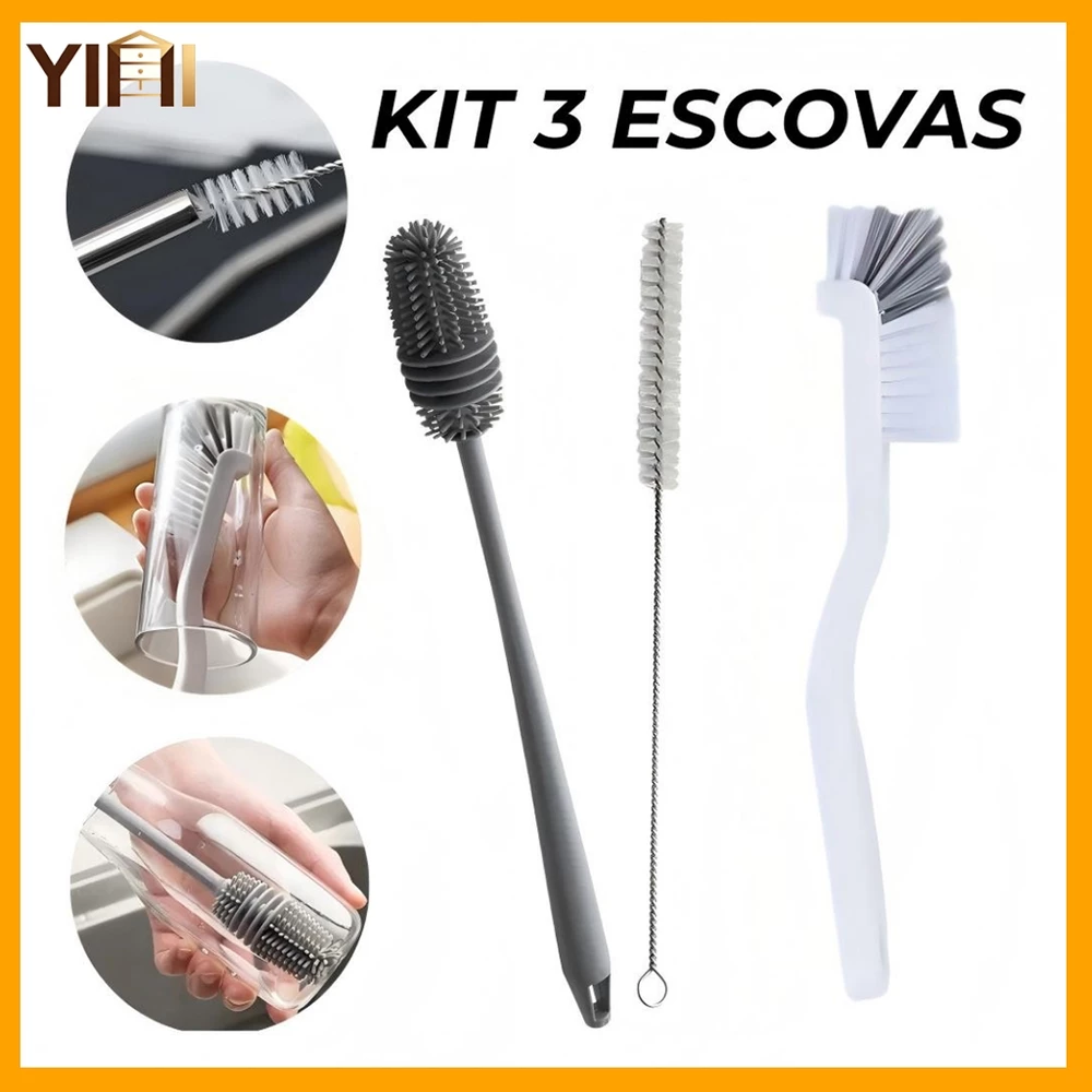Kit Com 3 Peças Escova para Limpeza Silicone para Garrafa, Mamadeira, Copo Taça para Lavar Áreas Difíceis