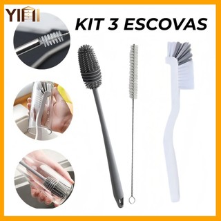 Kit Com 3 Peças Escova para Limpeza Silicone para Garrafa, Mamadeira, Copo Taça para Lavar Áreas Difíceis