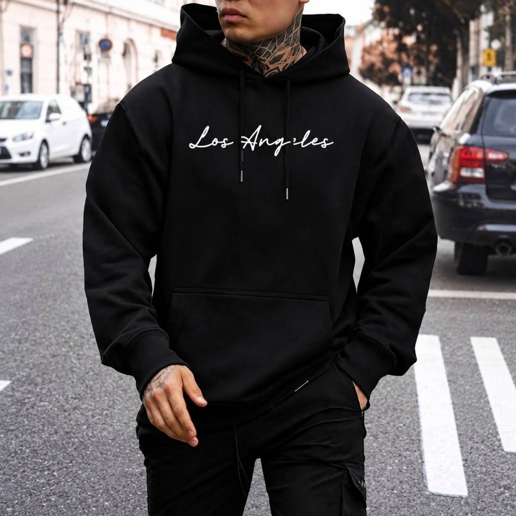 Blusa Moletom Los Angeles Canguru Bolso e Capuz Unissex Estampado Flanelado