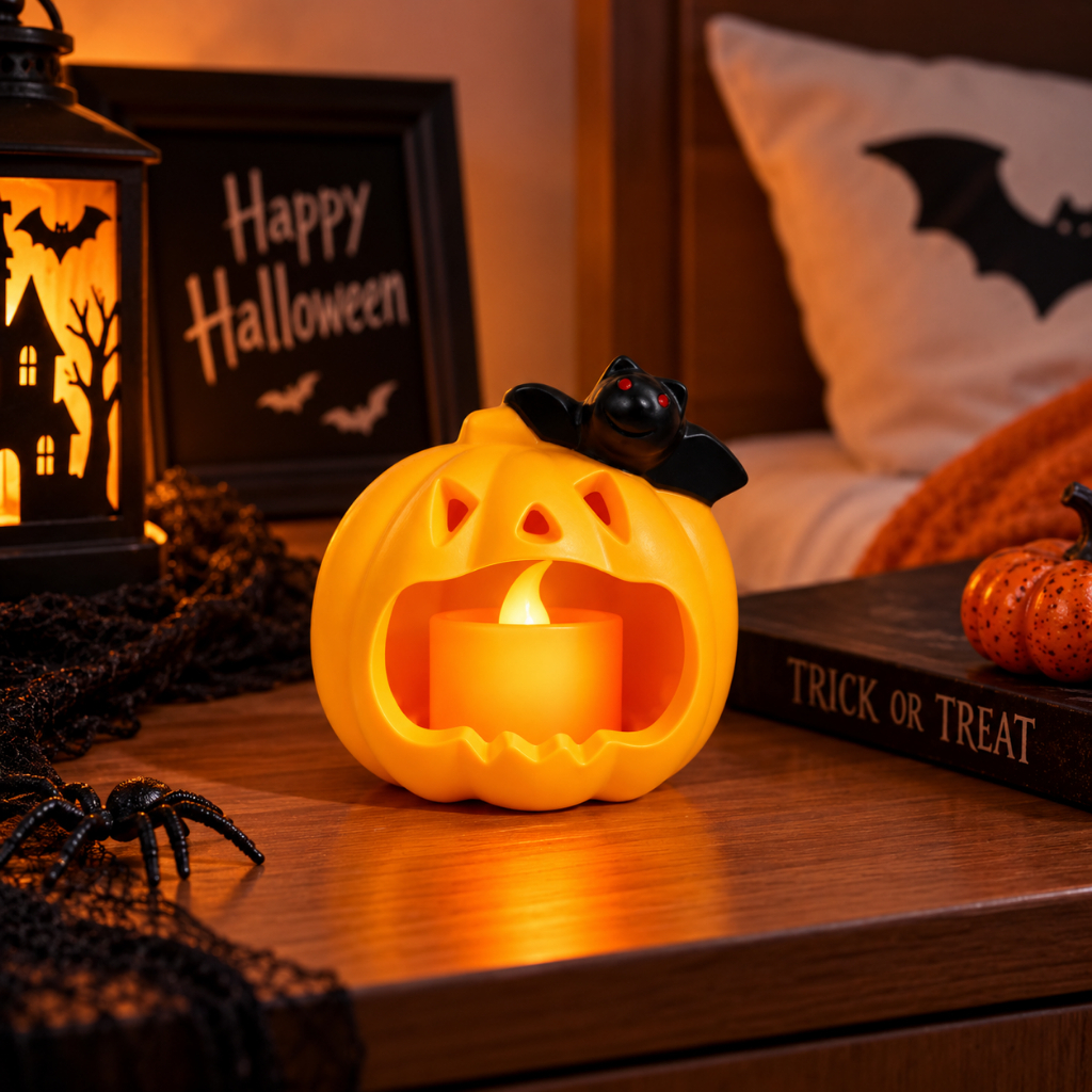 Vela Luminária LED Abóbora Com Morcego Halloween Enfeite Decorativo