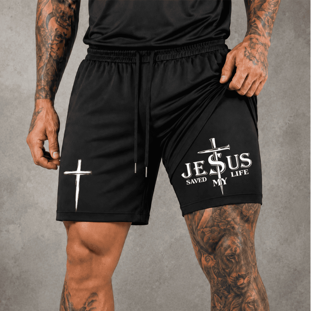 Short Masculino 2 em 1 Bermuda Dry Fit Respirável Plus Size Compressão Bolso Celular Casual Academia Treino Cruz Jesus