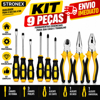 KIT FERRAMENTAS COMPLETO 9 PEÇAS CHAVES FENDA PHILLIPS MAGNÉTICAS 3 ALICATES UNIVERSAL CORTE BICO PROFISSIONAL COMPLETO