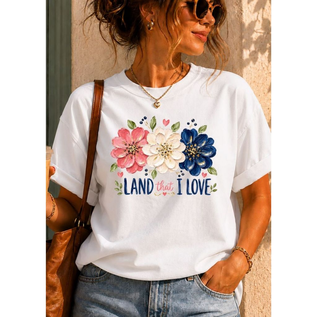 Camiseta Feminina Estampado com: Land That Love - Básica Moderna 100% Algodão Manga Curta Gola Redonda Confortável