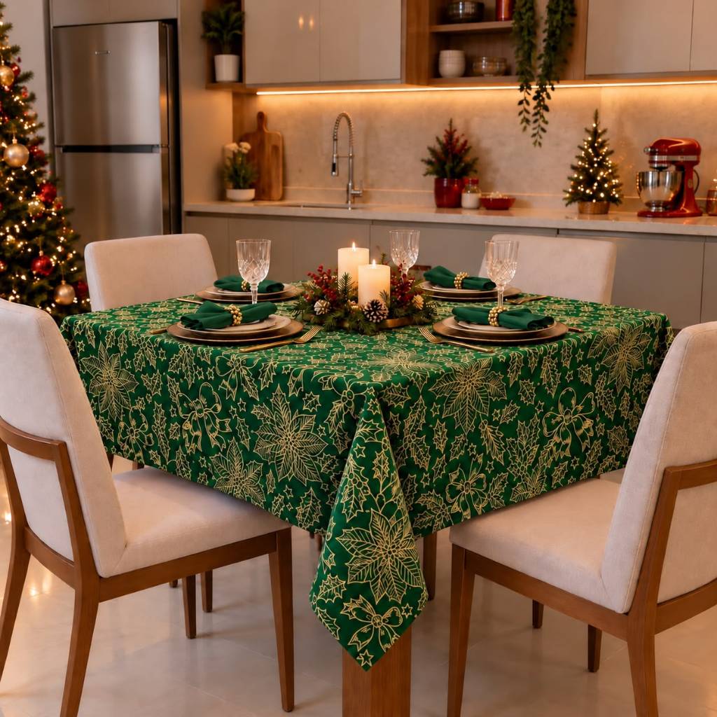 Toalha de Mesa Fio Dourado Natalina Encanto de Natal - Jacquard Elegância e Brilho para sua Ceia