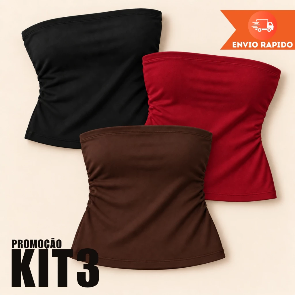 KIT 3 Cropped Top Tube Feminina Tomara que Caia Fitness Duplo Cropped Tubinho Estilosa Básico — imagem 1