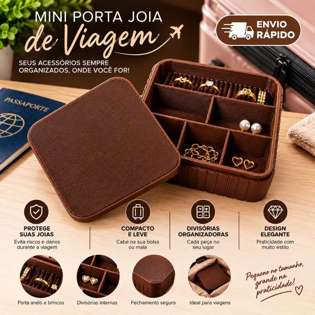 Mini Porta Joias de Viagem Organizador de Joias Anéis Brincos Colar Compacto