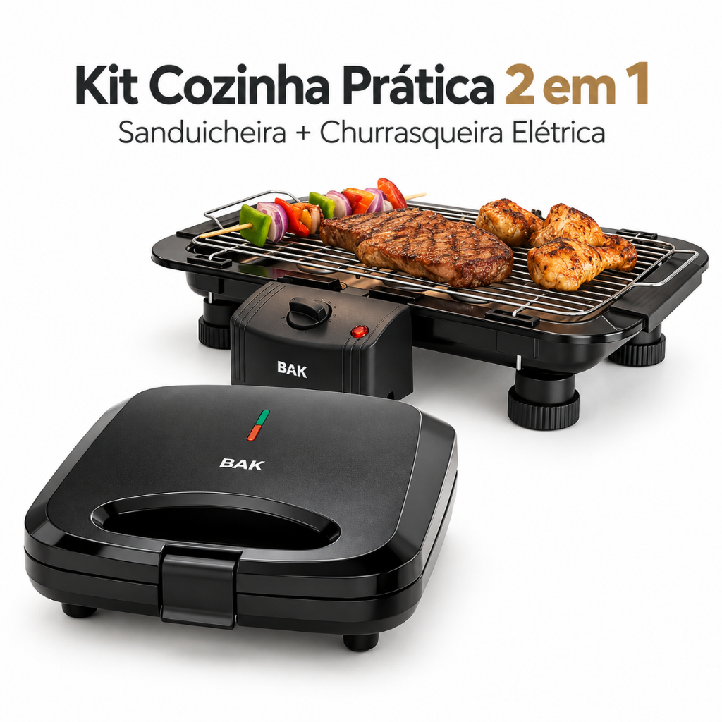 Kit Cozinha 2 em 1 Sanduicheira Elétrica + Grill Churrasqueira BAK Antiaderente para Lanches Carnes Legumes Café da Manh