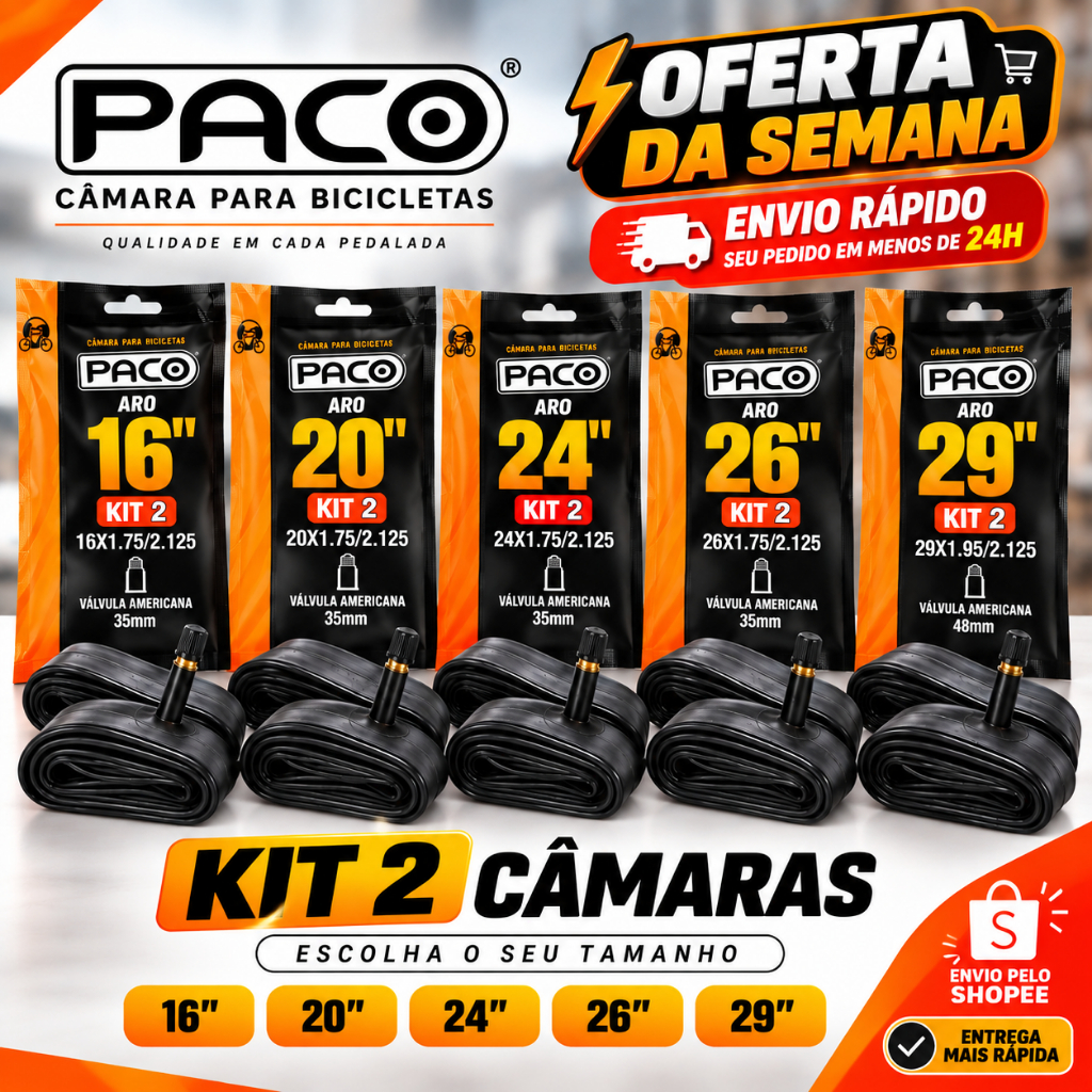 Kit 2 Câmaras de Ar Paco Bicicleta Aro 16 20 24 26 29 Butílica Válvula Americana 35mm 48mm Alta Resistência Qualidade