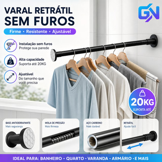 Varão Telescópico Sem Furos Mola Embutida Suporte Robusto Gravidade Metal Cortina Chuveiro Varal Roupas