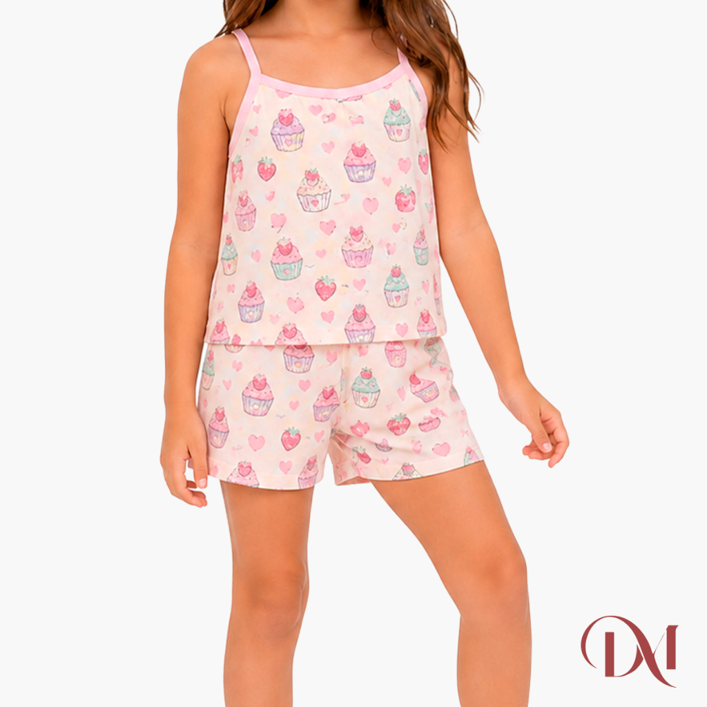 Baby Doll Infantil Feminino Menina Pijama Regata e Short Estampado Confortável