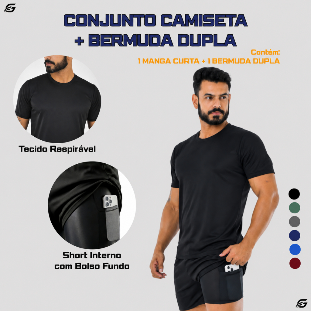 Conjunto Fitness Masculino Camiseta com Bermuda Dupla Fitness Academia Treino Anti Odor Secagem Rápida