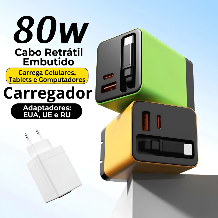 Carregador 80w Tecnologia GaN com Cabo Embutido Retrátil Carregamento Rápido Tipo C com Entrada USB C e A com ANATEL
