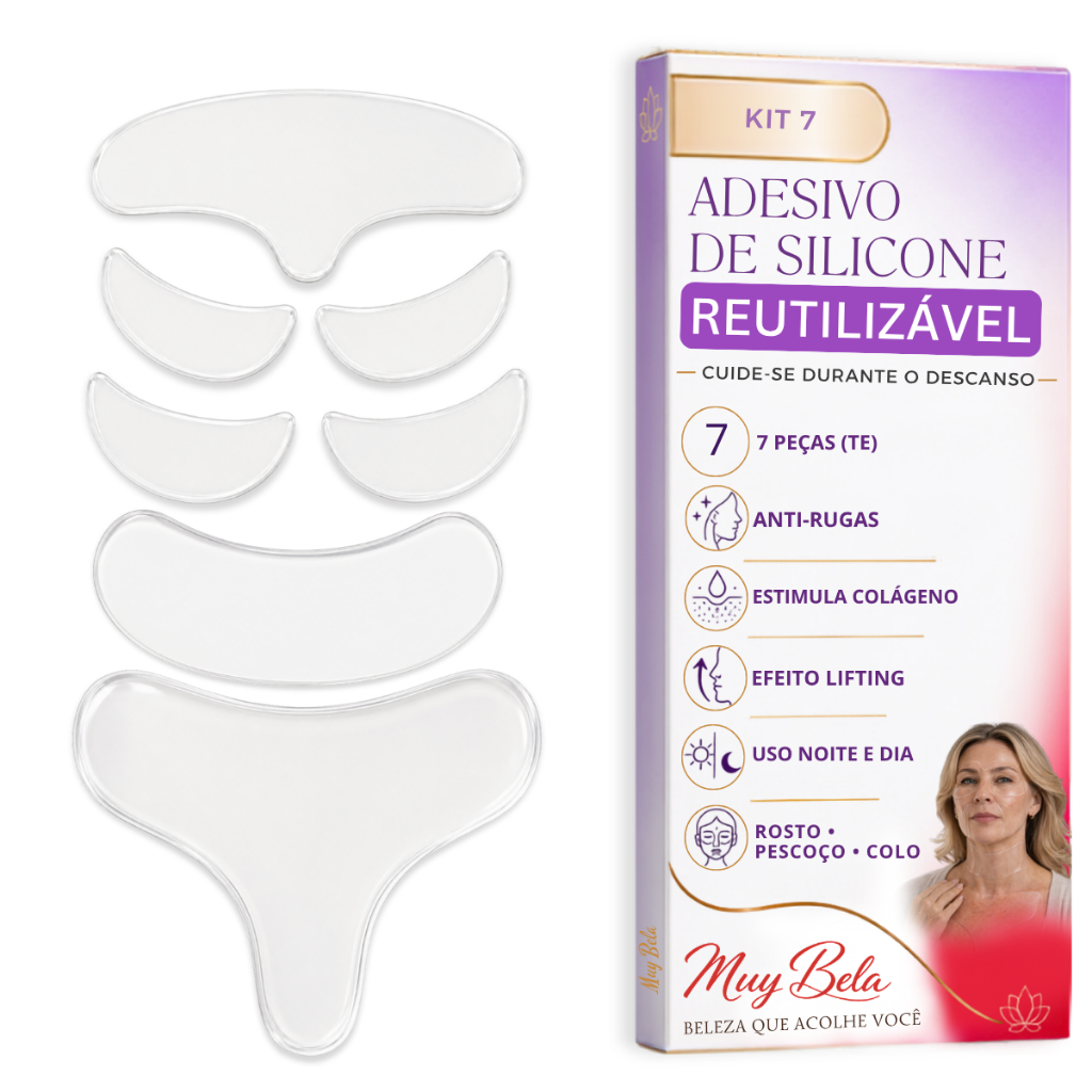 Kit 7 Adesivos Anti Rugas Muy Bela | Rosto, Pescoço, Colo e Peito | Silicone Reutilizável | Skin Care Lifting Natural