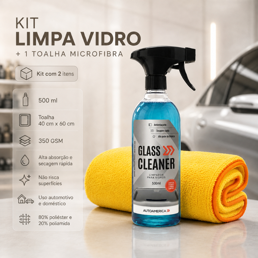 Kit Limpa Vidros 500ml Spray e Toalha Microfibra 350gsm 40x60cm - Flanela limpeza profissional e Glass cleaner