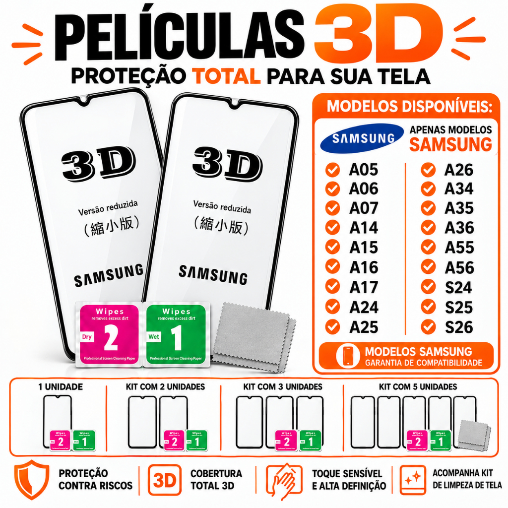 Película de Vidro 3D Samsung Galaxy A05 A06 A07 A14 A15 A16 A17 A24 A25 A26 A34 A35 A36 A55 A56 S24 S25 S26