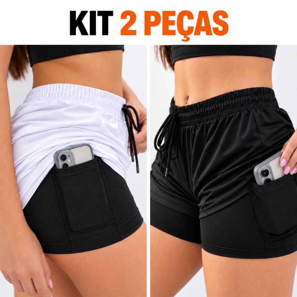 KIT 2  Shorts Compressão 2 em 1 Feminino Para Academia Caminhada e Corrida
