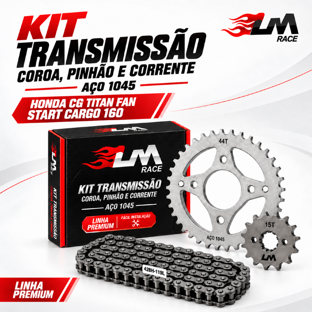 Kit Relação Transmissão Honda Cg Titan Fan Start Cargo 160 Kit Premium Lm Race Aço1045 Reforçado Corrente Coroa Pinhão