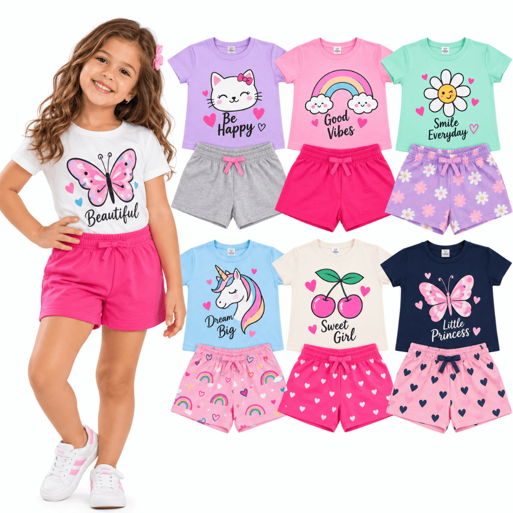 Kit Sortido 8 ou 4 Peças Feminino Verão Conjuntos Infantil Menina Blusas + Shorts Infantil 100% Algodão 1 ao 8 Anos