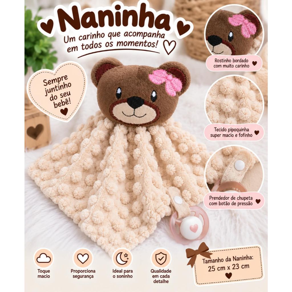 Naninha para Bebê Menina e Menino Pipoquinha com Prendedor de Chupeta 25x23cm