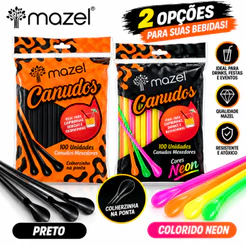 Canudo Mexedor Preto ou Colorido Neon com Colherzinha Mazel para Drinks e Coquetéis