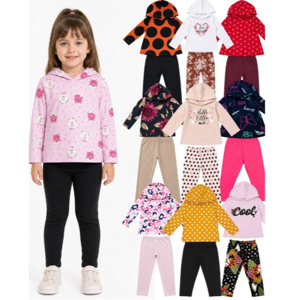 Kit 3 Conjuntos Menina Pipa -  Blusa Moletom Com Capuz e Legging Flanelada