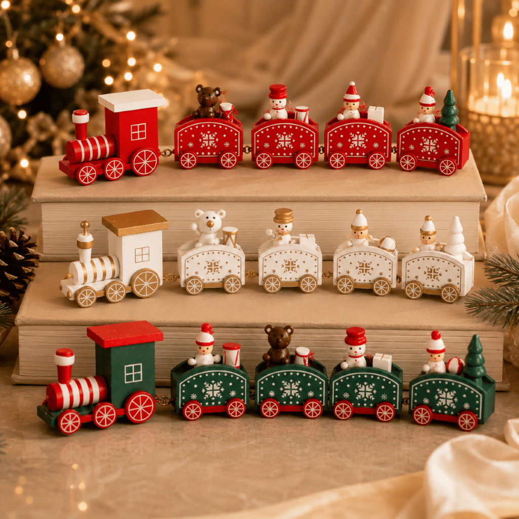 Trenzinho Enfeite De Natal Decoração 5 vagões Natalina Trem Brinquedo Madeira Lindo Enfeita Árvore