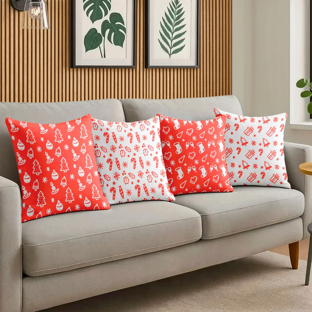 Almofada Decorativa Para Sofá Decoração De Natal Branco E Salmão Kit Com 4 Capas Temáticas Natalino.