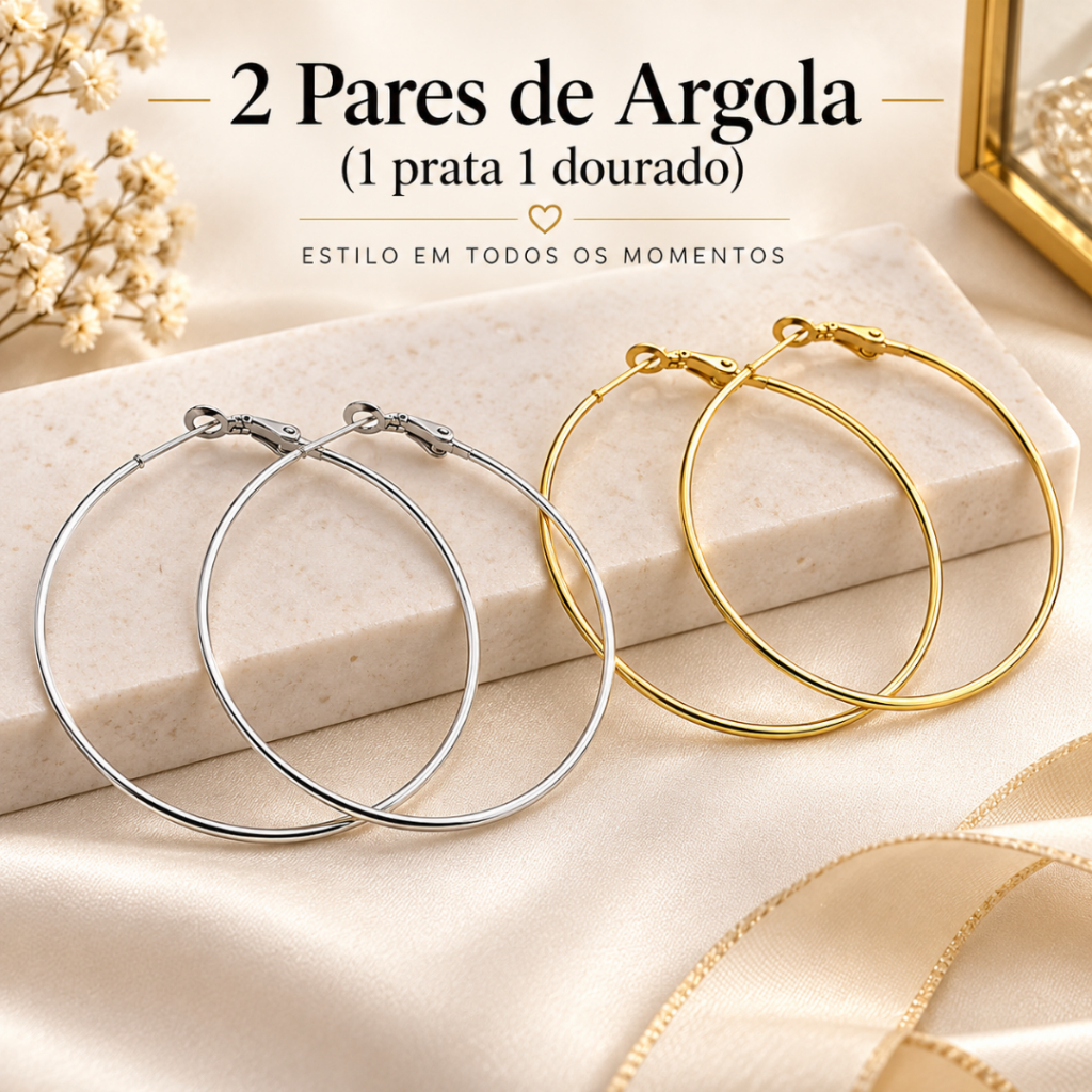 Brinco de Argola Aço Inoxidável 316L Feminino Antialérgico Prata e Dourado SEmiJOias MOderno Elegante Acessorios