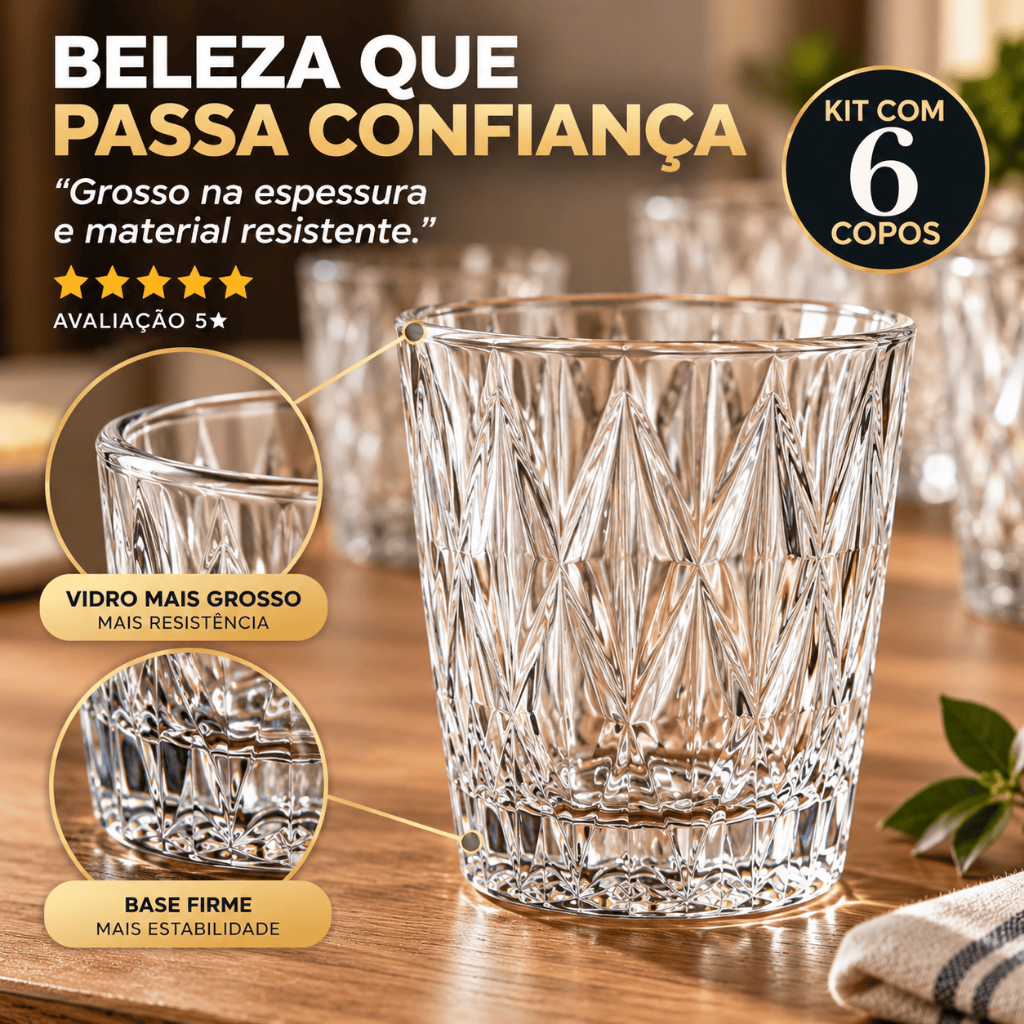 Jogo 6 Copos 290ML Grande Vidro Grosso Diamond Resistente Transparente Kit para Drink Diamond