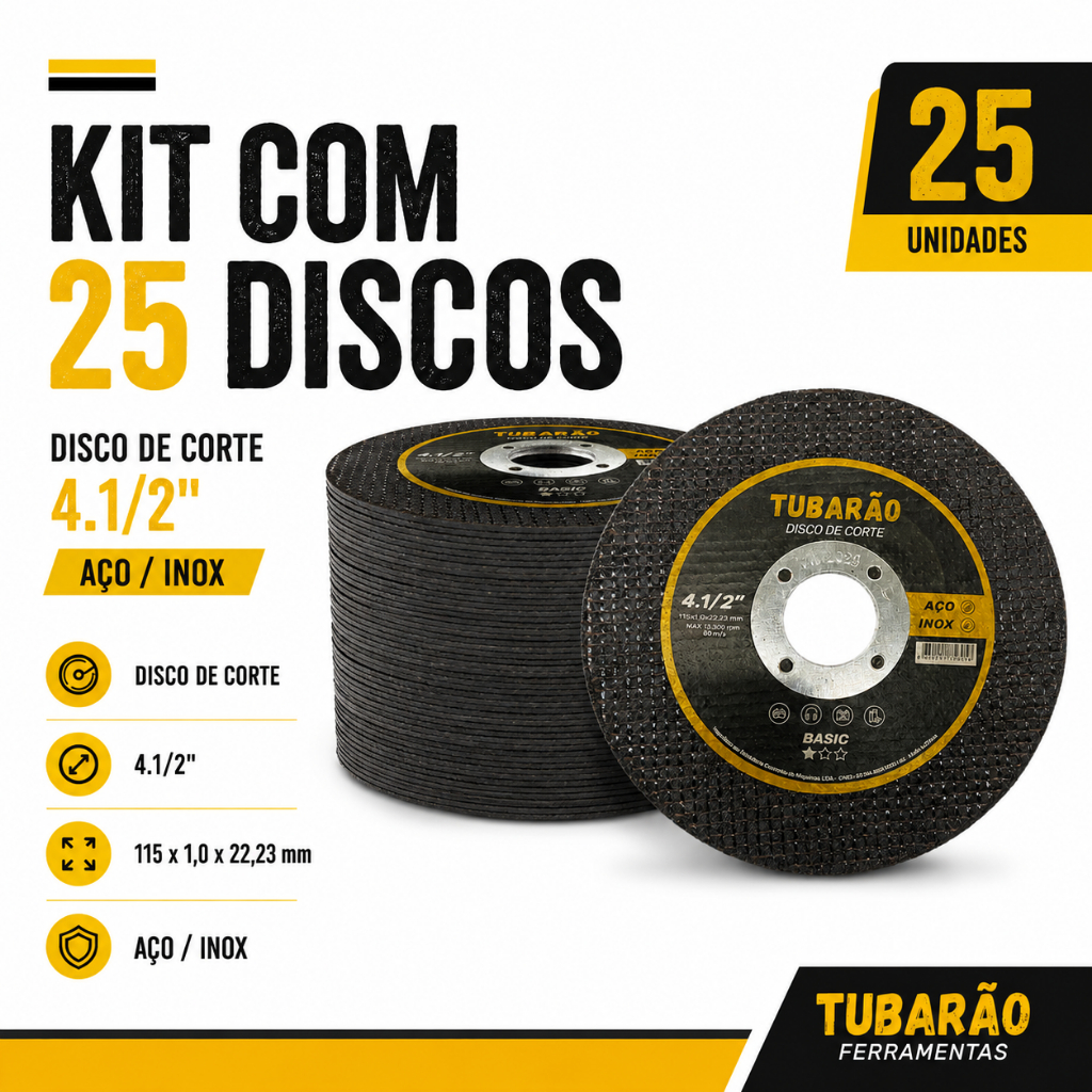 25 Disco de Corte 4.1/2" x 1,00mm Furo 7/8" Inox e Metal - Tubarão