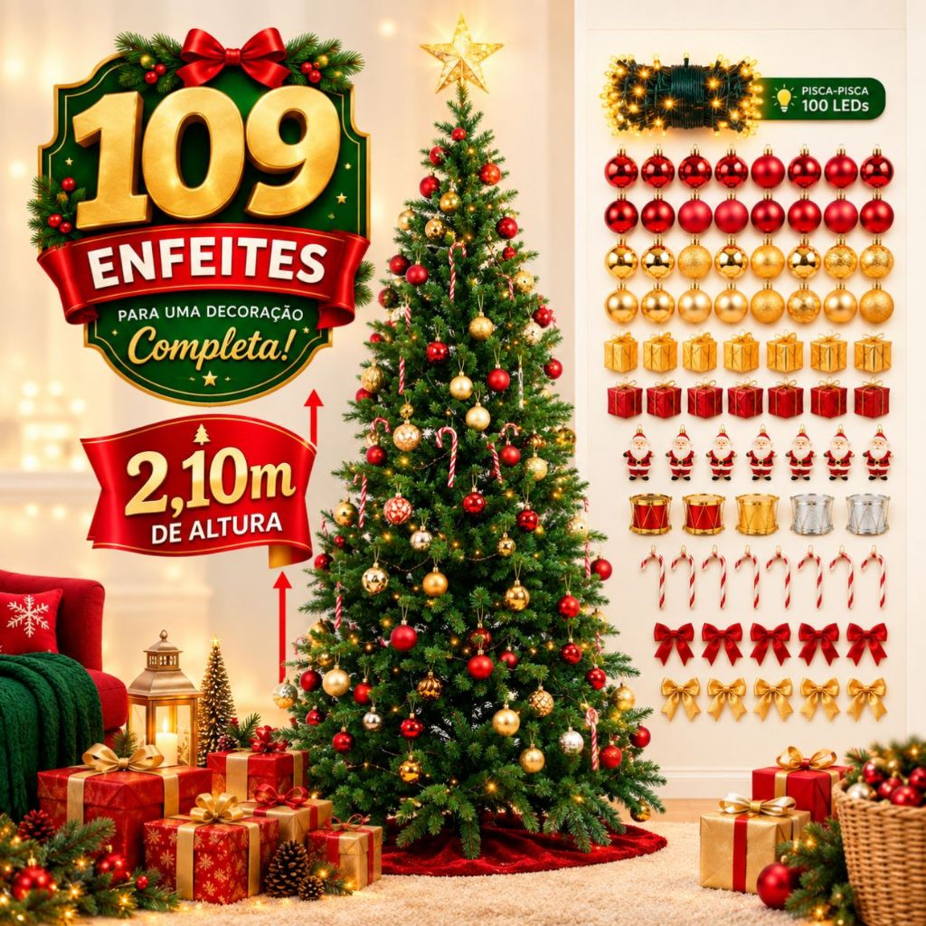 Kit Completo Árvore Natal Pinheiro Decorada Grande 1,50m 1,80m 2,10m Cheia Enfeite Decoração