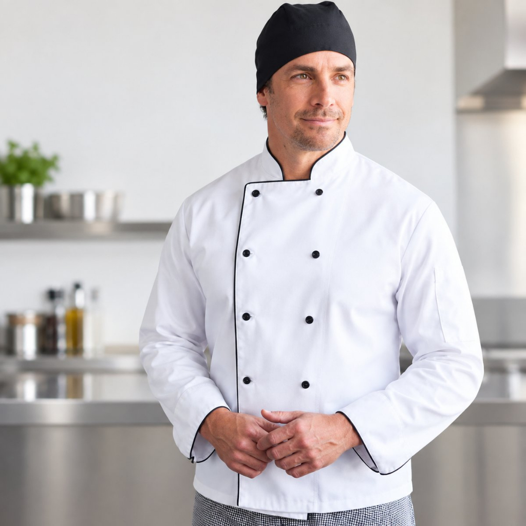 Dolmã com Vivo Preto e botões 100% Algodão Chef de Cozinha Restaurante Confeitaria Padaria